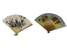 Asian Folding Hand Fans Wood  Paper 2 Red Floral Birds Blossoms VTG