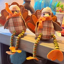 TWO NEW! Turkey Shelf Sitter Dolls Fall Decor Thanksgiving Autumn Beads Woodland