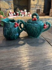 Vintage Lefton Christmas Creamer & Sugar Bowl Green Holly Berry Embossed Holiday