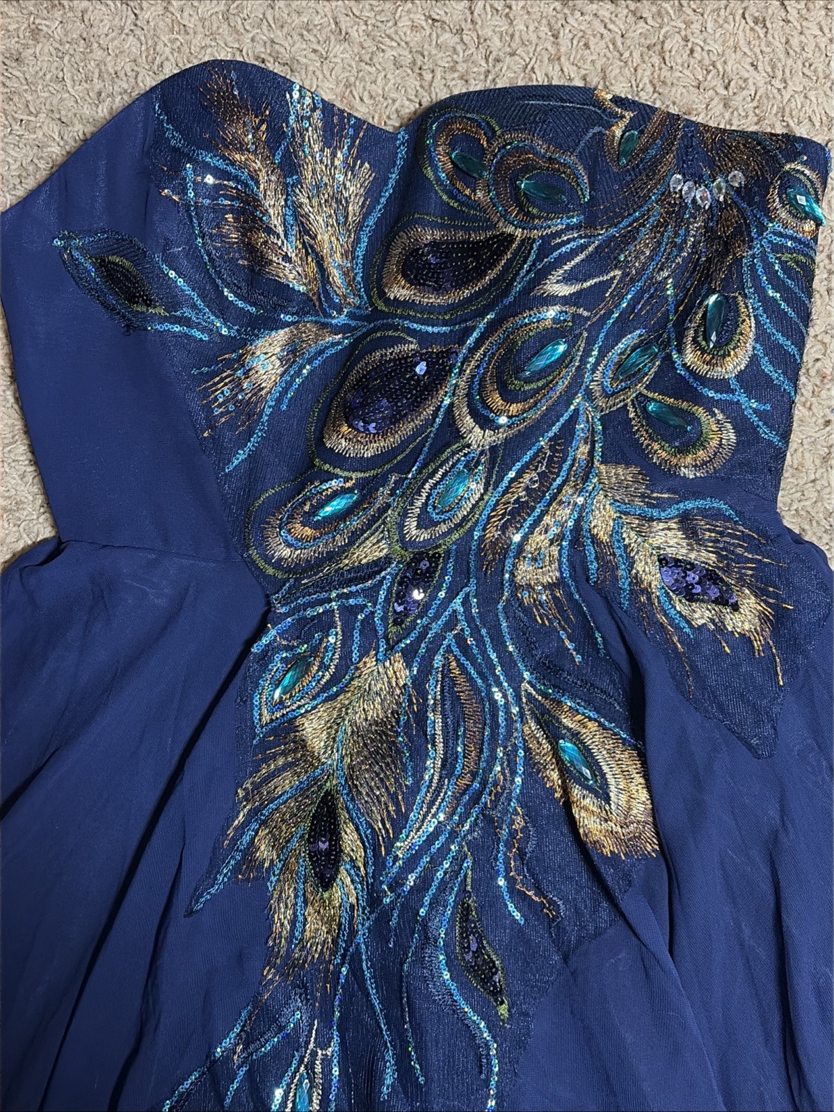 NWT Women’s 10 Grace Karin Blue Peacock Beaded Strapless Corset Dress Gown