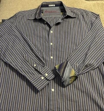 Robert Graham Long Sleeve Button Down Shirt Reverse Cuffs Blue White Pinstriped