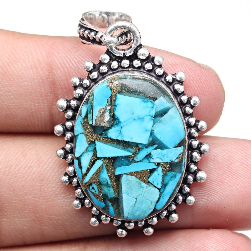 Blue Copper Turquoise Gemstone Necklace Gift for Her 1.75 Inches-image