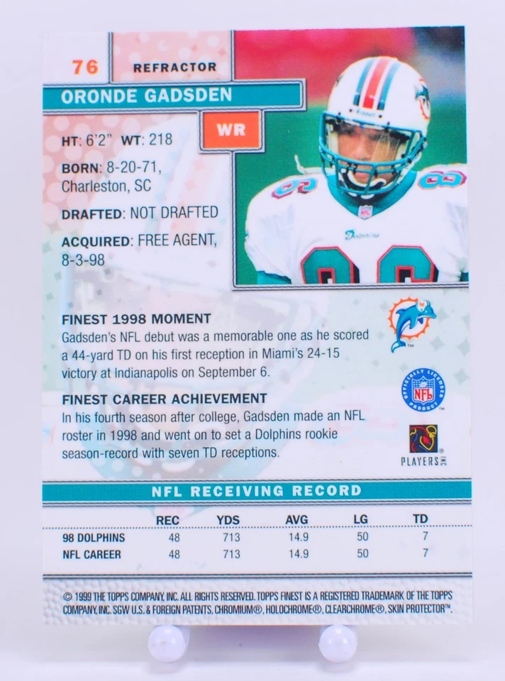 1999 Topps Finest Refractor #76 Oronde Gadsden Miami Dolphins - Image 2 of 2