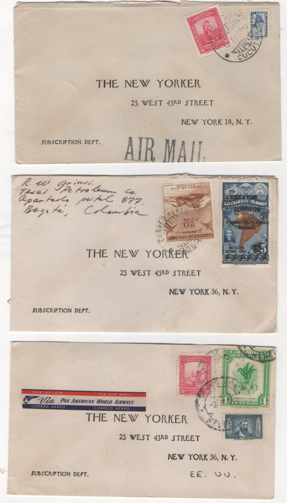Lot 1950s COLUMBIA AIR MAIL COVER STAMPS Pan American World Airways TO USA