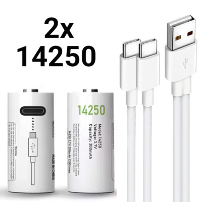 2x Wiederaufladbare 14250 Batterien / Akkus - USB C Ladekabel - 300mAh - 3.7V