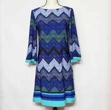 Eliza J Sz 6 Blue Black Green Chevron Print Slinky Shift s Dress