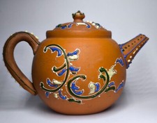 201g 20thC Chinese Hand made Red Clay Teapot with Thick Enamel Decoration