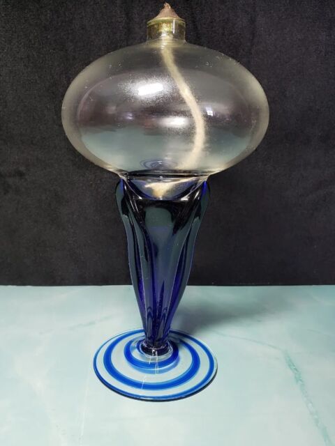 Jellyfish Art Glass Oil Lamp Jozefina Krosno Poland Cobalt Blue VGUC Blown Jellyfish Art Glass Oil Lamp Jozefina Krosno Poland Cobalt Blue VGUC Blown