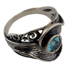 Sterling  Blue Aquamarine Ring by PZ Israel pierced w/ wave design size 10