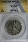 1917-D  50C ANACS G4  REVERSE  Walking Liberty, Lady Liberty Half, 0.50