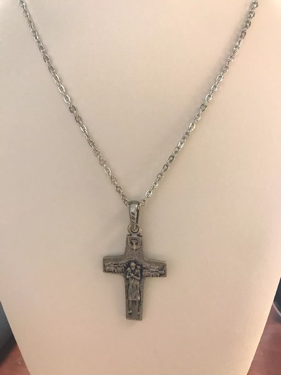 Pope Francis Religious Good Shepherd on 2 Cross Crucifix Necklace Silver Chain