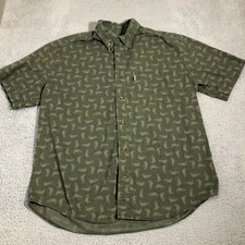Woolrich Shirt Men's Large Green Fish All Over Short Sleeve Button Down
