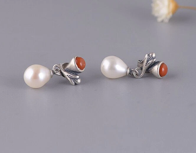 I05 Orecchini Fiore Argento Sterling 925 Con Bianca Dolce Perla Rotondi Agata - Immagine 4 di 4