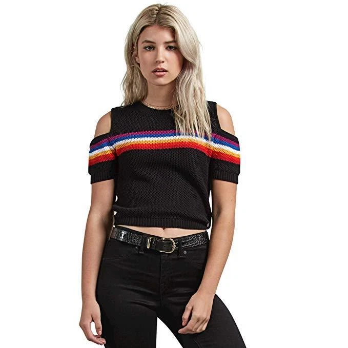 Volcom Size 12 Womens Waffle Knit Top Short Sleeve Shoulder CutOut Sweater Black - Image 4 of 4