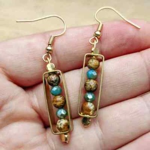 Authentic Gold Plated Rectangle-framed Earrings with Stacked Beads, Handcrafted
