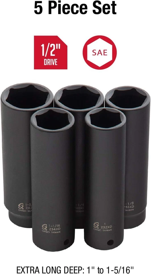 Sunex 2845, 1/2" Drive Extra Long Deep Impact Socket Set, 5pc SAE, 1" - 1-5/16" - Image 2 of 2