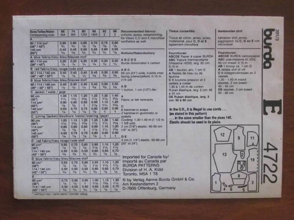 BURDA PATTERN - 4722 BABY TODDLER BOY PANTS TOP JACKET HOOD DOG 6mths-3yrs UNCUT - Image 2 of 2