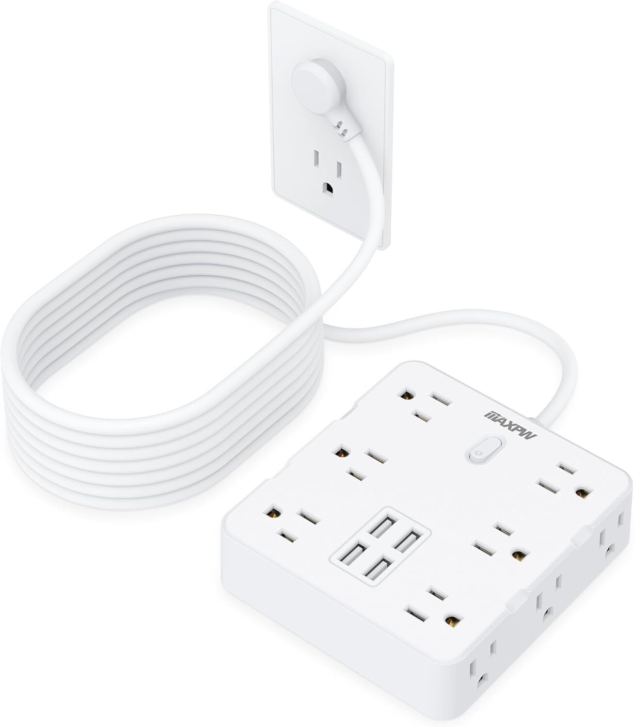 5 ft Power Strip with 12 Outlets & 4 USB Ports, Maxpw Flat Plug Surge White