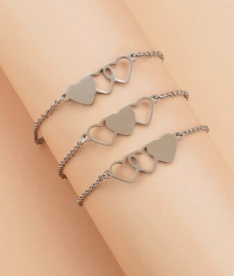 3er Set Schwester Armbänder - silberne Armbänder mit Herz Charms