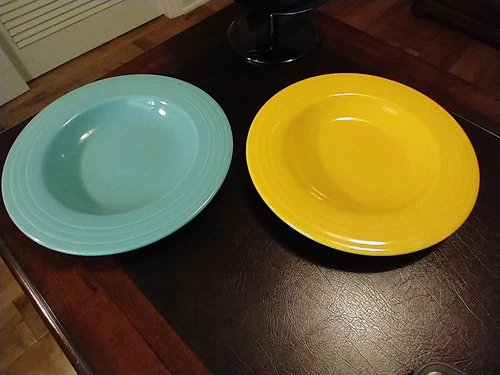 Set Of 2 RETIRED Fiestaware  12" large rim bowl pasta Turquoise & Yellow VGC