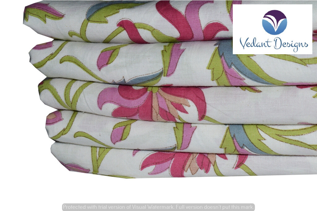 Indian 10 Yard Hand Block Floral Cotton Fabric Multicolor Dress Material