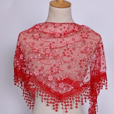Lace Sheer Floral Print Triangle Veil Church Mantilla Scarf Shawl Wrap Tassel