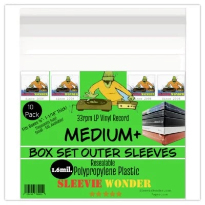 SLEEVIE WONDER MEDIUM+ Box Set Sleeves (x10) 1.6mil + Seal Up - Fits 7/8 - 1-1/16" Thick 33rpm