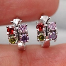 Cute New 18K White Gold Filled 4 Multicolor CZ Butterfly Huggie Hoop Earrings
