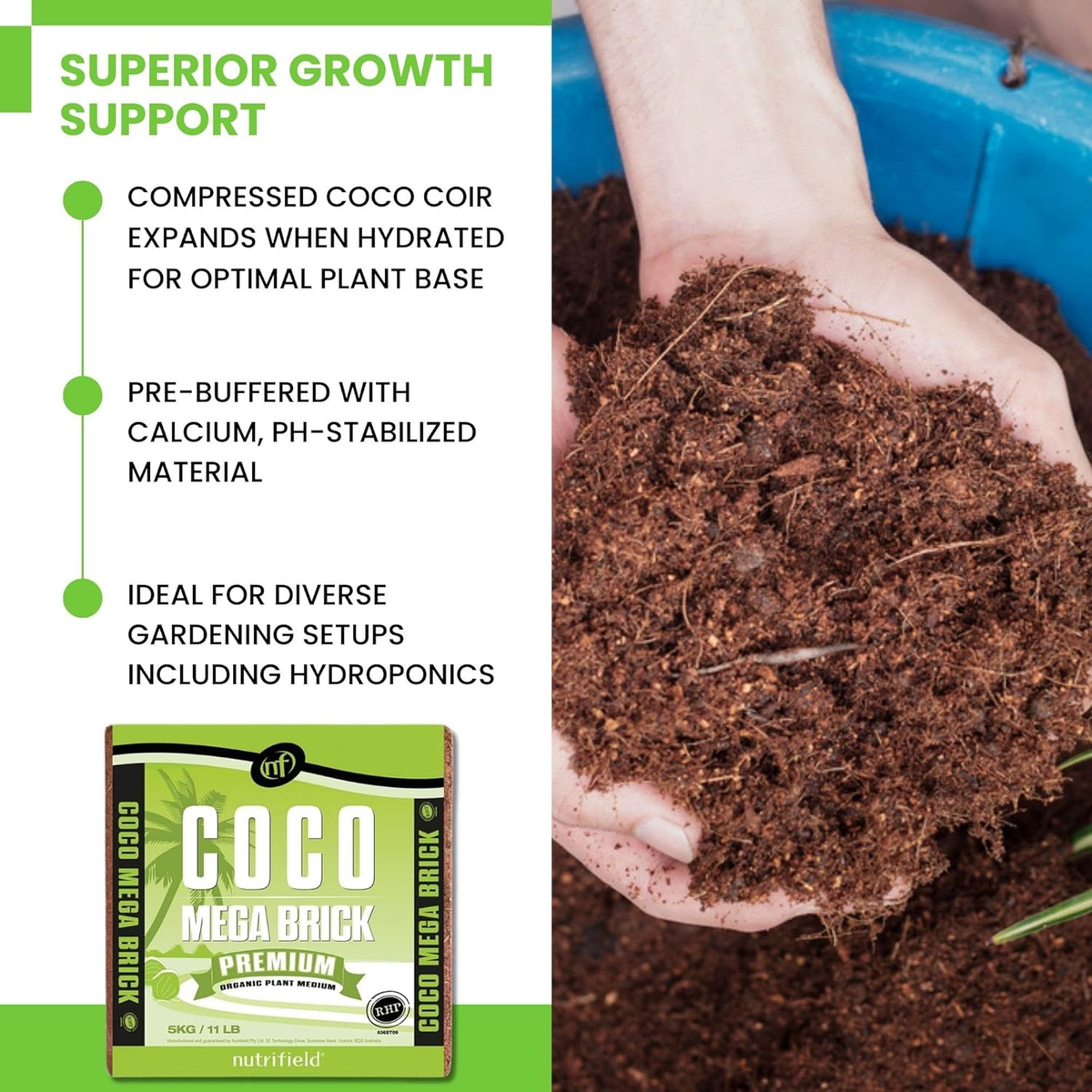 Coco Coir Mega Brick 11 lb Organic Pre-Washed, Buffered, RHP