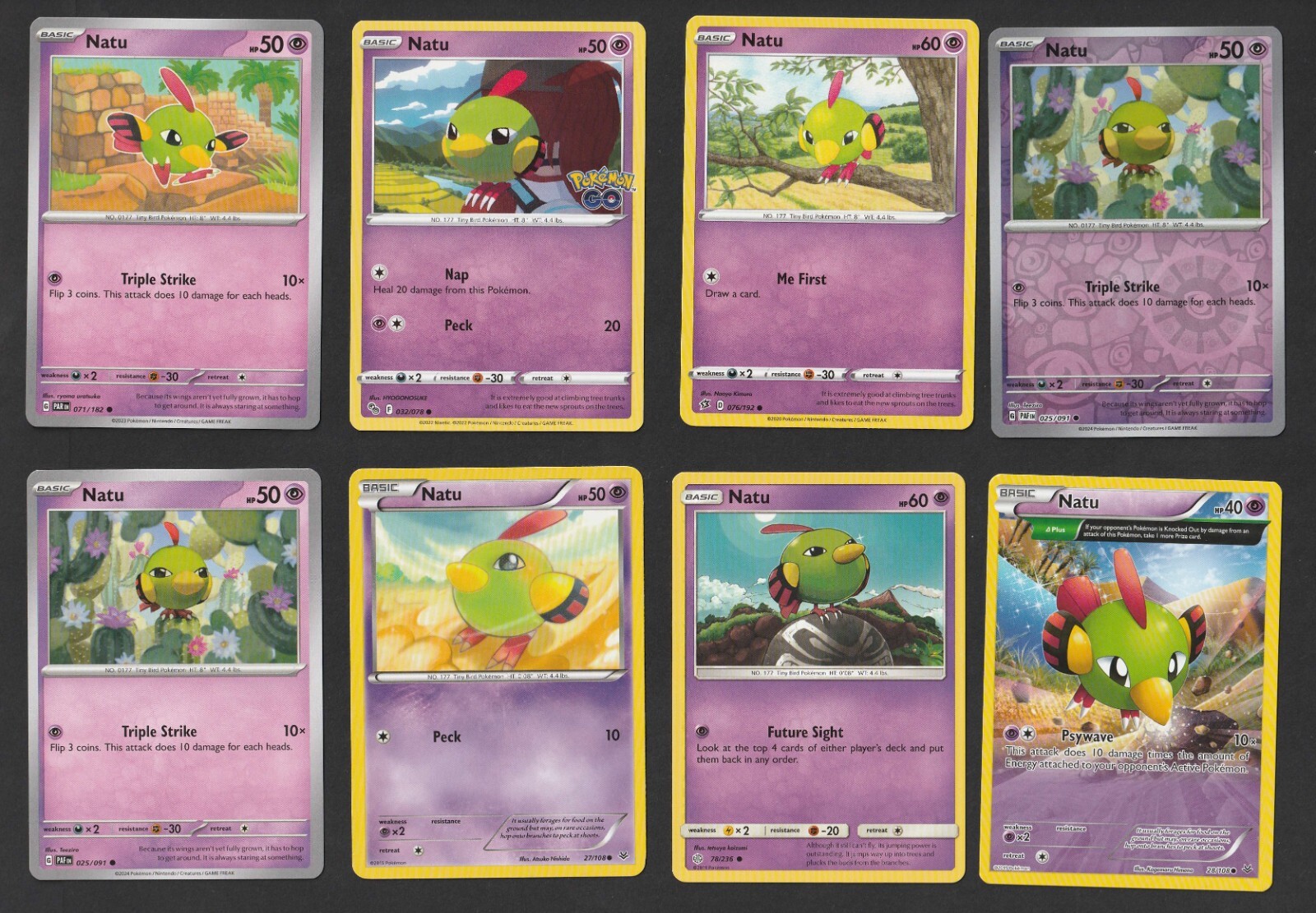 Natu Pokemon Card Collection Set of 8 English Cards Rare Cute Reverse Holo