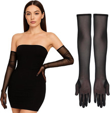 Long Black Sheer Lace Opera Gloves 21.65" Tulle Formal Evening Gloves