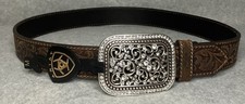 Ariat Western Womens M Belt Embossed Leather Brown Filigree Rhinestones Buckle