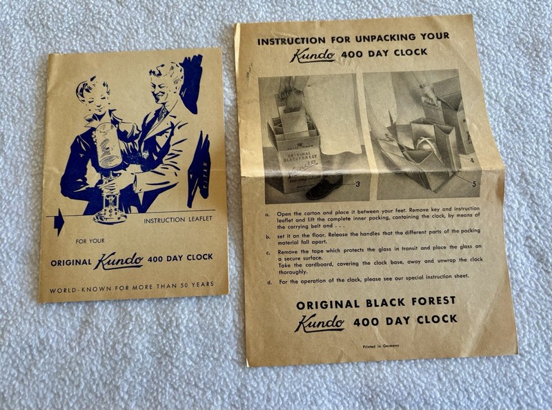 Vintage Original Kundo 400 Day Anniversary Clock Instructions &Unpacking Leaflet