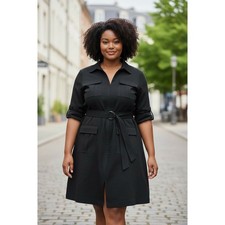 Plus Size 24W Black Belted Pocket Midi Shirtdress sharagano zip front plus size