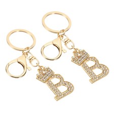 Initial Letter Keychain, 2 Pcs Letter B Crown Design Charm, Gold Tone