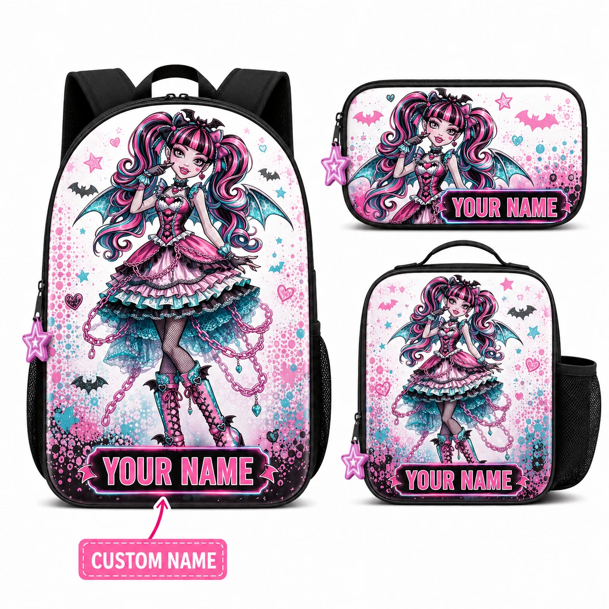Personalized Fantasy Gothic Backpack Lunch Tote Pencil Case Set