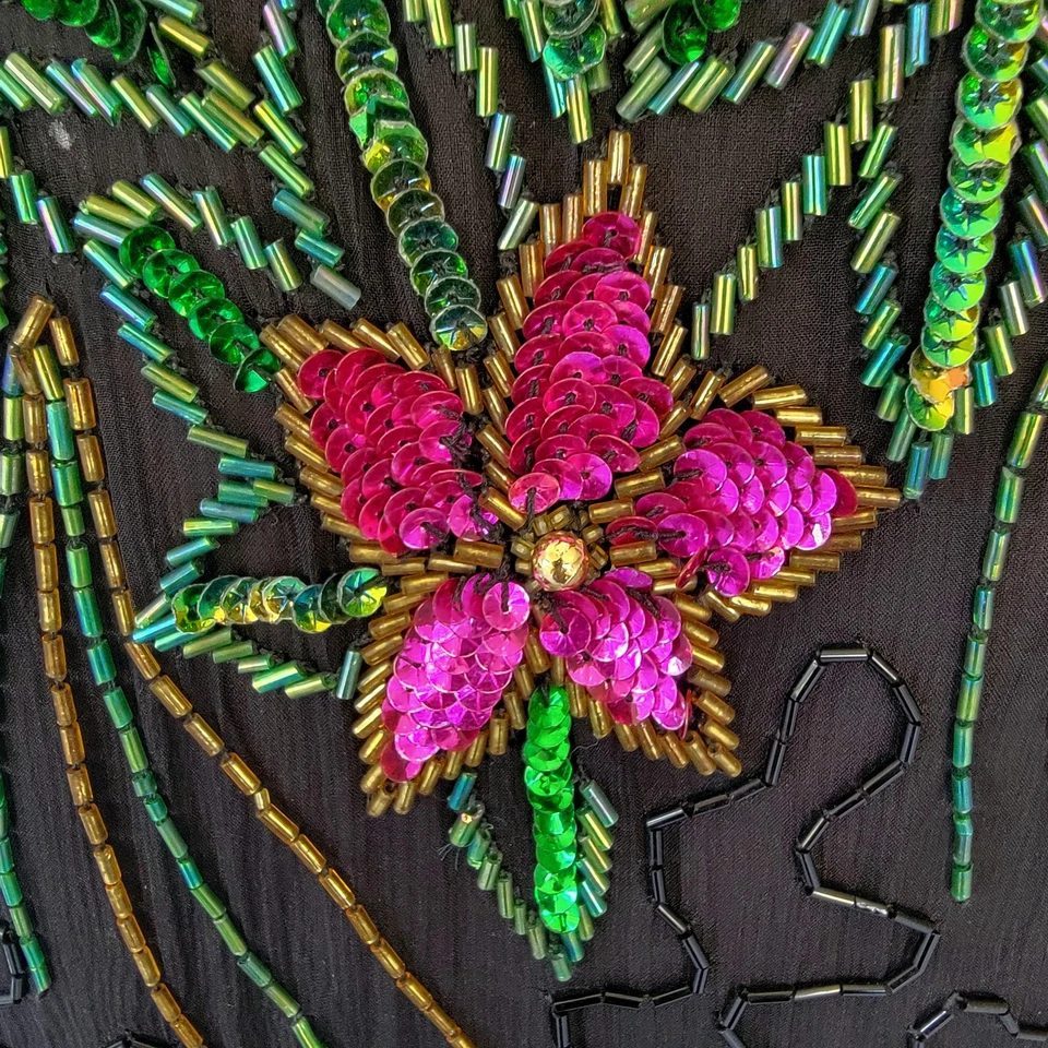 Scala Dress Womens XL Black Silk Beaded Sequin Floral Evening Gown Long Sleeve - Image 4 of 4