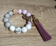 Beaded Bracelet Key Chain with Purple Tassel, Marble Pattern Beads, Trendy Style