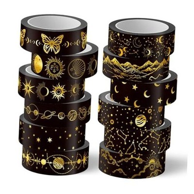 12 Rolls Gold Foil Washi Tape Black Gold Sun Moon Star Masking Tape Set Galaxy