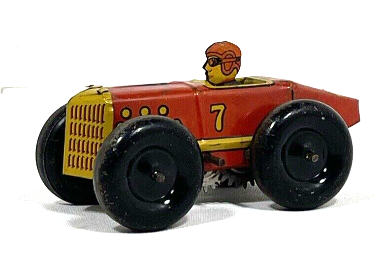 Vtg Marx Wind Up Race Car Tin Litho Red Yellow 7