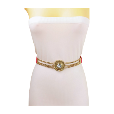 coral dress with gold belt Coral Textured Puff Sleeve Midi Dress with Embellished Gold Buckle Belt main image 1