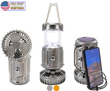 Solar Lantern Powered Light Fan Portable Collapsible Rechargeable Camping Lamp