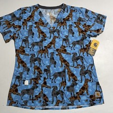 Carhartt Force Womens Scrub V Neck Cross Flex Top SZ S Modern Blue Dogs NWT