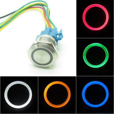 Stainless Steel Power Push Button Switch LED Ring Light 22mm Waterpoof + Socket
