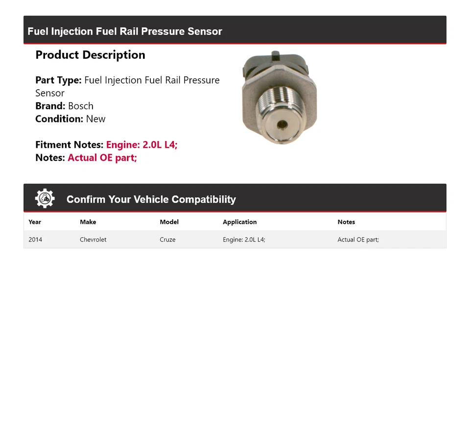 Sensor de presión de riel de combustible para Chevrolet Cruze 2014 2,0 L L4 Bosch Foto 2 de 4