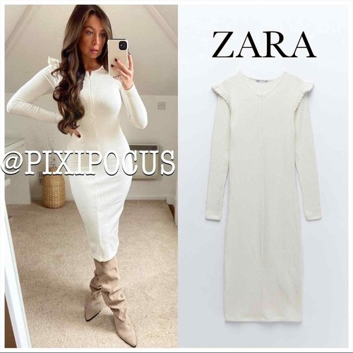 ZARA NEW RUFFLE TRIM RIBBED KNIT MIDI 