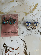 Rhinestone Heart and Heart Shaped Evil Eye Earrings