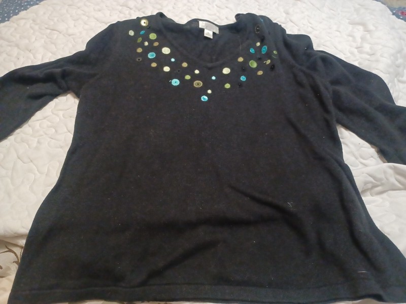 Christopher & Banks Xl 3/4 Sleeve Black V Neck W/ Blue & Green Dots