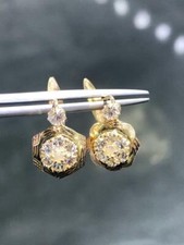 14k Yellow Gold Flower Shape Design Lever Back Halo Dangle 2.3 Gr Earrings Gift