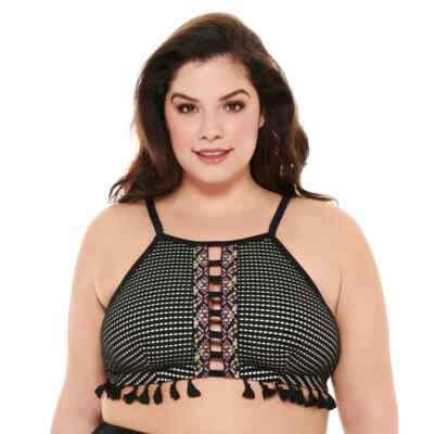 Plus Size Costa Del Sol Crochet High-Neck Padded Bra Tassels Bikini Top 2X NWT